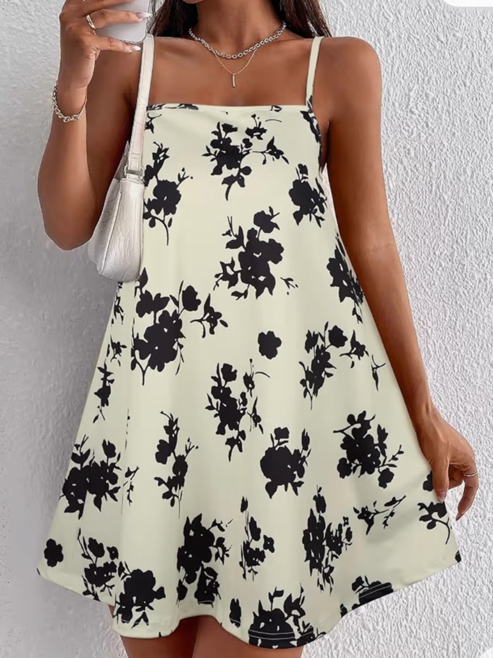 Women’s White Black Floral Slip Mini Dress Spaghetti Straps Square Neck 2XL